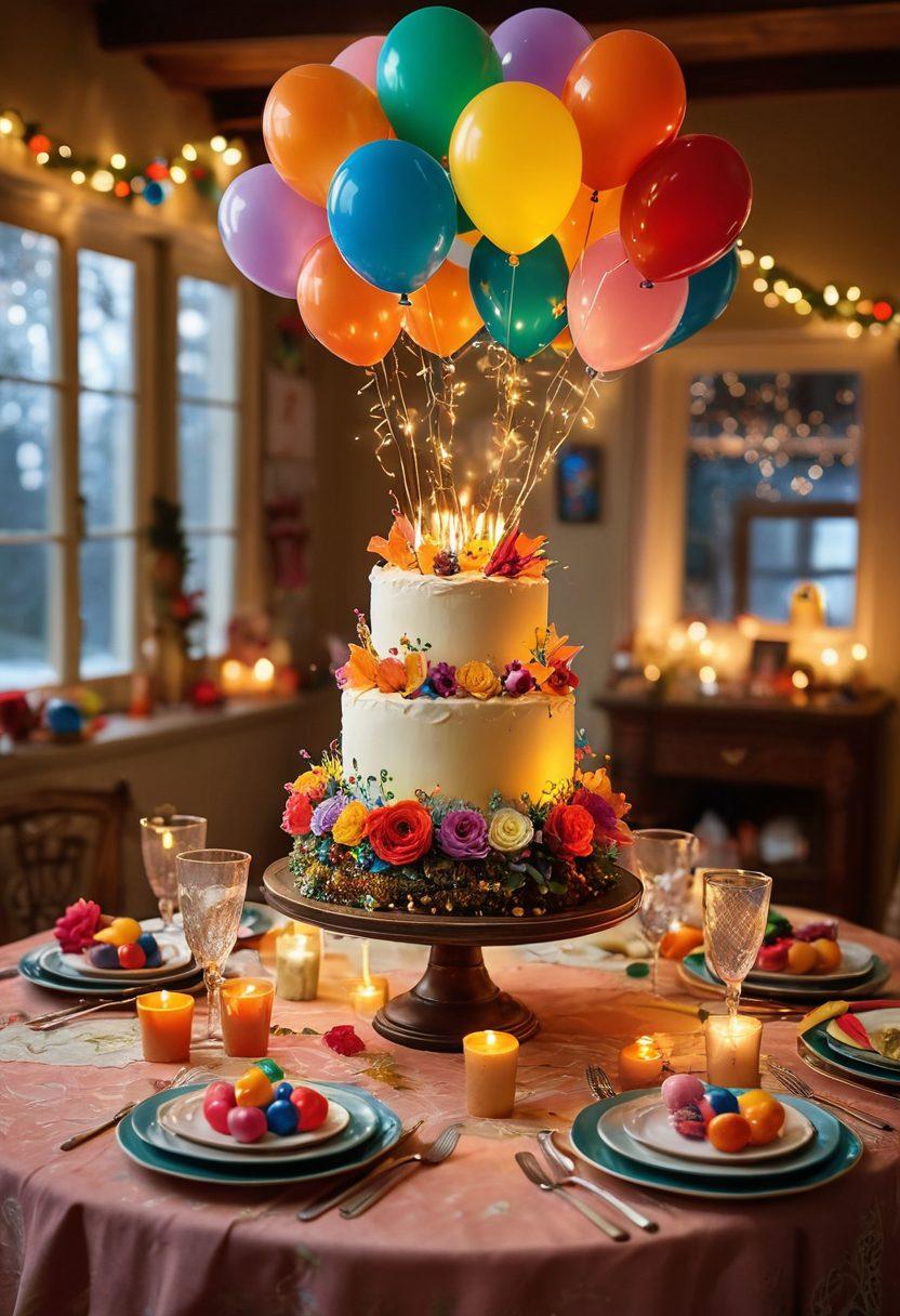 A whimsical scene depicting a lavish surprise party in full swing, featuring a beautifully decorated cake, colorful balloons, and cheerful guests laughing and mingling. Incorporate unique gifts artfully placed on a table, surrounded by vibrant flowers and twinkling fairy lights for a festive atmosphere. The background should illustrate a cozy indoor setting with cheerful decorations and a touch of warmth. super-realistic. vibrant colors. joyful ambiance.