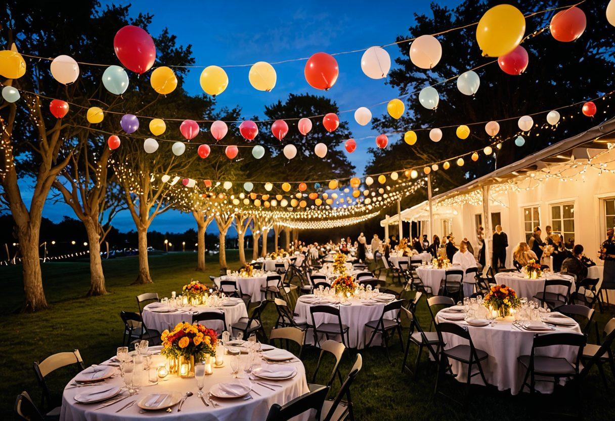 A vibrant scene depicting a beautifully decorated outdoor event with colorful banners, elegant tables set with centerpieces, and people joyfully mingling. Include a backdrop of balloons and fairy lights, capturing the essence of fun and celebration. Emphasize a diverse group of guests enjoying the gathering, with a dreamy sunset sky above. super-realistic. vibrant colors. outdoor setting.